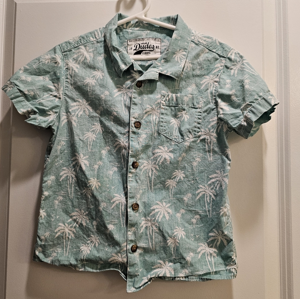 sz4/5‎ True Dudes Palm Tree Print Shirt Green White Easter Spring Break Vacation